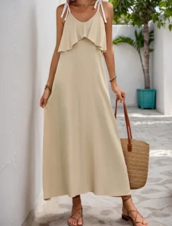 Online Women's Maxi Dress Casual Dress Slip Dress Stylish Basic Casual Vacation Daily Regular Fit Plain Sleeveless V Neck Summer Spring Women Vacation Dresses