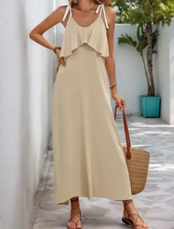 Online Women's Maxi Dress Casual Dress Slip Dress Stylish Basic Casual Vacation Daily Regular Fit Plain Sleeveless V Neck Summer Spring Women Vacation Dresses