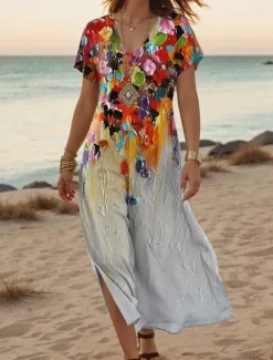 Best Women's Maxi Dress Casual Dress A Line Dress Stylish Casual Vacation Daily Regular Fit Floral Short Sleeve V Neck White Light Green Blue Green Summer Spring Women Spring Dresses|T Shirt Dresses