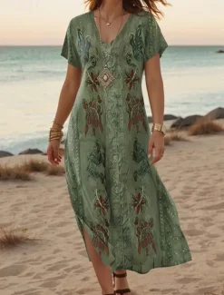 Best Women's Maxi Dress Casual Dress A Line Dress Stylish Casual Vacation Daily Regular Fit Floral Short Sleeve V Neck White Light Green Blue Green Summer Spring Women Spring Dresses|T Shirt Dresses
