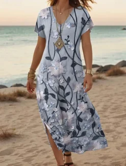 Best Women's Maxi Dress Casual Dress A Line Dress Stylish Casual Vacation Daily Regular Fit Floral Short Sleeve V Neck White Light Green Blue Green Summer Spring Women Spring Dresses|T Shirt Dresses