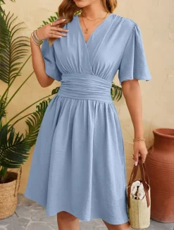 Clearance Women's Maxi Dress Casual Dress A Line Dress Elegant Stylish Casual Vacation Daily Regular Fit Plain Short Sleeve V Neck Pink Blue Summer Women Work Dresses