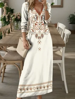 Discount Women's Maxi Dress Casual Dress T Shirt Dress Tee Dress Floral Tribal Pocket Print V Neck Long Dress Maxi Dress Vintage Ethnic Date Vacation Long Sleeve Fall Winter Women T Shirt Dresses