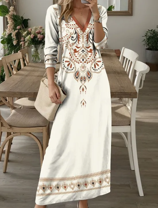 Discount Women's Maxi Dress Casual Dress T Shirt Dress Tee Dress Floral Tribal Pocket Print V Neck Long Dress Maxi Dress Vintage Ethnic Date Vacation Long Sleeve Fall Winter Women T Shirt Dresses