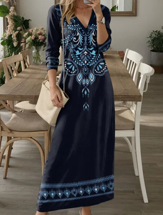 Discount Women's Maxi Dress Casual Dress T Shirt Dress Tee Dress Floral Tribal Pocket Print V Neck Long Dress Maxi Dress Vintage Ethnic Date Vacation Long Sleeve Fall Winter Women T Shirt Dresses