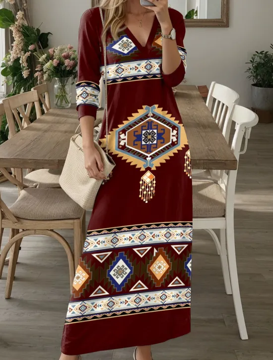 Discount Women's Maxi Dress Casual Dress T Shirt Dress Tee Dress Floral Tribal Pocket Print V Neck Long Dress Maxi Dress Vintage Ethnic Date Vacation Long Sleeve Fall Winter Women T Shirt Dresses