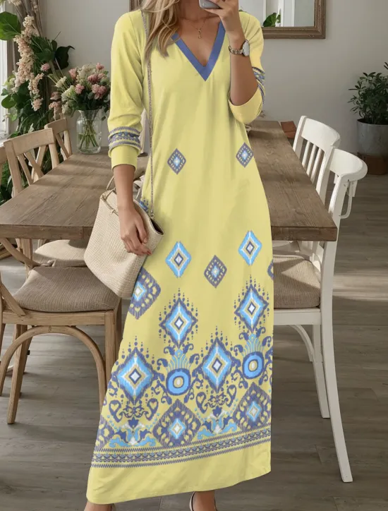 Discount Women's Maxi Dress Casual Dress T Shirt Dress Tee Dress Floral Tribal Pocket Print V Neck Long Dress Maxi Dress Vintage Ethnic Date Vacation Long Sleeve Fall Winter Women T Shirt Dresses