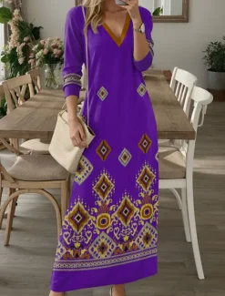 Discount Women's Maxi Dress Casual Dress T Shirt Dress Tee Dress Floral Tribal Pocket Print V Neck Long Dress Maxi Dress Vintage Ethnic Date Vacation Long Sleeve Fall Winter Women T Shirt Dresses
