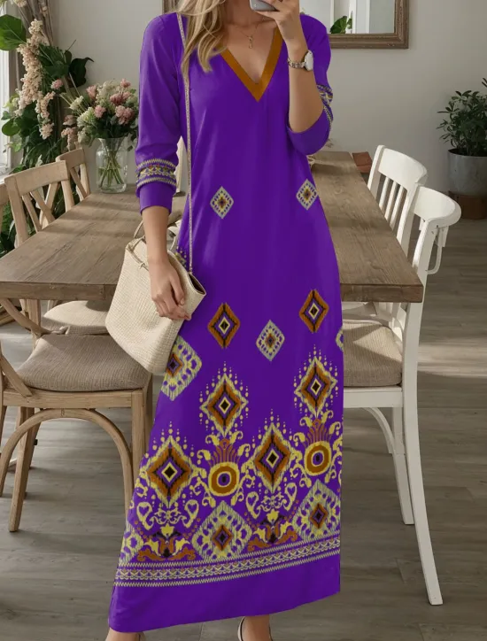Discount Women's Maxi Dress Casual Dress T Shirt Dress Tee Dress Floral Tribal Pocket Print V Neck Long Dress Maxi Dress Vintage Ethnic Date Vacation Long Sleeve Fall Winter Women T Shirt Dresses