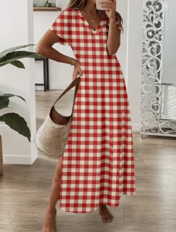 Outlet Women's Maxi Dress Casual Dress Sundress A Line Dress Stylish Casual Vacation Daily Regular Fit Plaid Short Sleeve V Neck Spring Fall Women T Shirt Dresses