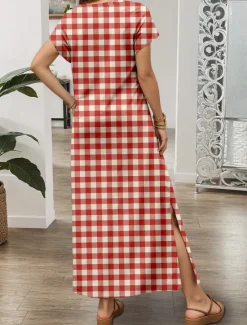 Outlet Women's Maxi Dress Casual Dress Sundress A Line Dress Stylish Casual Vacation Daily Regular Fit Plaid Short Sleeve V Neck Spring Fall Women T Shirt Dresses