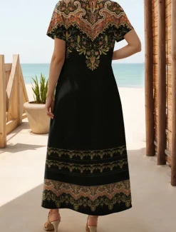 New Women's Maxi Dress Casual Dress T Shirt Dress Tee Dress Sundress Bohemia Date Regular Fit Geometric Short Sleeve Crew Neck Black Dark Gray Summer Women Spring Dresses|T Shirt Dresses