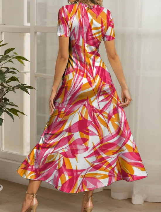 Online Women's Maxi Dress Casual Dress A Line Dress Summer Dress Vacation Vintage Ethnic Regular Fit Graphic Leaf Geometric Short Sleeve Square Neck Yellow Red Blue Purple Summer Spring Women Vacation Dresses