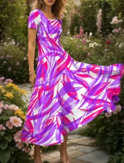 Online Women's Maxi Dress Casual Dress A Line Dress Summer Dress Vacation Vintage Ethnic Regular Fit Graphic Leaf Geometric Short Sleeve Square Neck Yellow Red Blue Purple Summer Spring Women Vacation Dresses