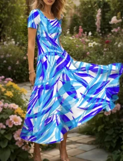 Online Women's Maxi Dress Casual Dress A Line Dress Summer Dress Vacation Vintage Ethnic Regular Fit Graphic Leaf Geometric Short Sleeve Square Neck Yellow Red Blue Purple Summer Spring Women Vacation Dresses