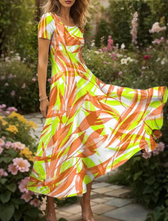 Online Women's Maxi Dress Casual Dress A Line Dress Summer Dress Vacation Vintage Ethnic Regular Fit Graphic Leaf Geometric Short Sleeve Square Neck Yellow Red Blue Purple Summer Spring Women Vacation Dresses
