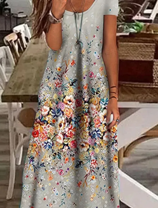 Clearance Women's Maxi Dress Casual Dress Shift Dress Elegant Vacation Casual Outdoor Daily Regular Fit Floral Short Sleeve V Neck Green Gray Summer Spring Women Spring Dresses|Casual Dress