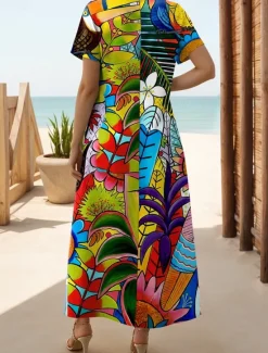 Online Women's Maxi Dress Casual Dress T Shirt Dress Tee Dress Sundress Hawaiian Drop Shoulder Date Regular Fit Short Sleeve Crew Neck Yellow Purple Summer Women Spring Dresses|T Shirt Dresses