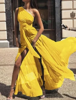 Discount Women's Maxi Dress Cocktail Dress Wedding Guest Dress Chiffon Dress A Line Dress Elegant Sexy Formal Wedding Party Regular Fit Sleeveless V Neck Yellow Red Purple Green Summer Women Cocktail Dress