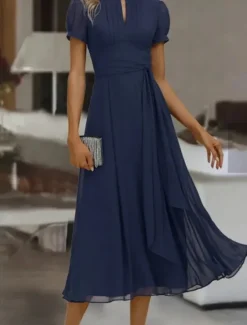 Online Women's Maxi Dress Cocktail Dress Wedding Guest Dress Chiffon Dress Plain Dress Elegant Formal Wedding Guest Cocktail Party Regular Fit Short Sleeve V Neck Summer Women Cocktail Dress