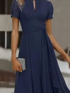 Online Women's Maxi Dress Cocktail Dress Wedding Guest Dress Chiffon Dress Plain Dress Elegant Formal Wedding Guest Cocktail Party Regular Fit Short Sleeve V Neck Summer Women Cocktail Dress