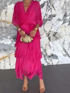 Outlet Women's Maxi Dress Cocktail Dress Wedding Guest Dress Chiffon Dress Plain Dress Elegant Formal Party Wedding Guest Regular Fit Half Sleeve V Neck Pink Navy Blue Blue Fuchsia Summer Fall Women Cocktail Dress