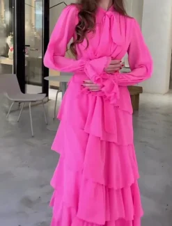 Women's Maxi Dress Cocktail Dress Wedding Guest Dress Chiffon Dress Laye Dress Basic Casual Vacation Daily Regular Fit Plain Long Sleeve Turtleneck Spring Fall Women Cocktail Dress