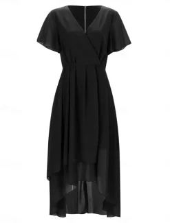Hot Women's Maxi Dress Cocktail Dress Wedding Guest Dress Chiffon Dress A Line Dress Elegant Formal Work Cocktail Party Regular Fit Short Sleeve V Neck Black White Pink Royal Blue Summer Women Cocktail Dress