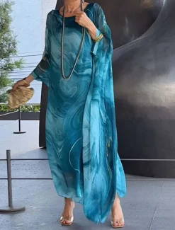 Hot Women's Maxi Dress Cocktail Dress Wedding Guest Dress Chiffon Dress Elegant Casual Vacation Daily Date Loose Fit Ombre Long Sleeve Crew Neck Light Yellow Blue Gray Spring Fall Women Cocktail Dress