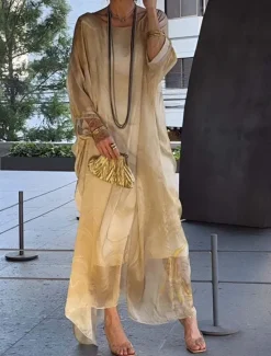 Hot Women's Maxi Dress Cocktail Dress Wedding Guest Dress Chiffon Dress Elegant Casual Vacation Daily Date Loose Fit Ombre Long Sleeve Crew Neck Light Yellow Blue Gray Spring Fall Women Cocktail Dress