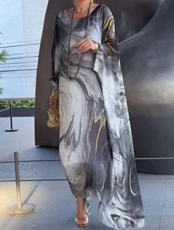 Hot Women's Maxi Dress Cocktail Dress Wedding Guest Dress Chiffon Dress Elegant Casual Vacation Daily Date Loose Fit Ombre Long Sleeve Crew Neck Light Yellow Blue Gray Spring Fall Women Cocktail Dress