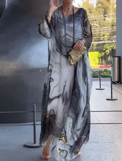 Hot Women's Maxi Dress Cocktail Dress Wedding Guest Dress Chiffon Dress Elegant Casual Vacation Daily Date Loose Fit Ombre Long Sleeve Crew Neck Light Yellow Blue Gray Spring Fall Women Cocktail Dress