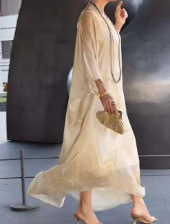 Hot Women's Maxi Dress Cocktail Dress Wedding Guest Dress Chiffon Dress Elegant Casual Vacation Daily Date Loose Fit Ombre Long Sleeve Crew Neck Light Yellow Blue Gray Spring Fall Women Cocktail Dress