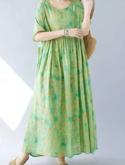 Online Women's Maxi Dress Cotton Linen Dresses Casual Dress Swing Dress Cotton Maxi Dress Basic Casual Vacation Daily Regular Fit Floral Short Sleeve Crew Neck Summer Women Dresses|Spring Dresses