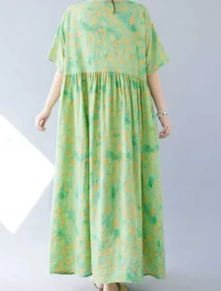 Online Women's Maxi Dress Cotton Linen Dresses Casual Dress Swing Dress Cotton Maxi Dress Basic Casual Vacation Daily Regular Fit Floral Short Sleeve Crew Neck Summer Women Dresses|Spring Dresses