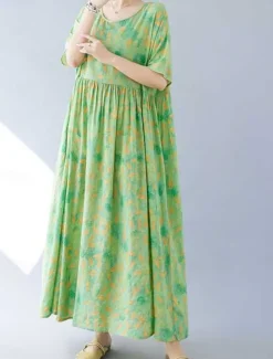 Online Women's Maxi Dress Cotton Linen Dresses Casual Dress Swing Dress Cotton Maxi Dress Basic Casual Vacation Daily Regular Fit Floral Short Sleeve Crew Neck Summer Women Dresses|Spring Dresses
