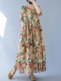 Sale Women's Maxi Dress Cotton Linen Dresses Vintage Dress Swing Dress Cotton Maxi Dress Basic Casual Vacation Daily Regular Fit Floral Short Sleeve Crew Neck Summer Women Spring Dresses