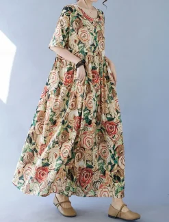 Sale Women's Maxi Dress Cotton Linen Dresses Vintage Dress Swing Dress Cotton Maxi Dress Basic Casual Vacation Daily Regular Fit Floral Short Sleeve Crew Neck Summer Women Spring Dresses
