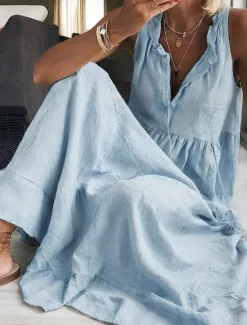 Discount Women's Maxi Dress Cotton Linen Dresses Basic Casual Vacation Daily Regular Fit Plain Sleeveless V Neck Pink Light Blue Summer Women Dresses