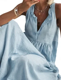 Discount Women's Maxi Dress Cotton Linen Dresses Basic Casual Vacation Daily Regular Fit Plain Sleeveless V Neck Pink Light Blue Summer Women Dresses