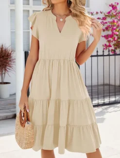Outlet Women's Maxi Dress Cotton Dress Stylish Basic Casual Vacation Daily Regular Fit Plain Short Sleeve V Neck Pink Apricot Summer Women Casual Dress