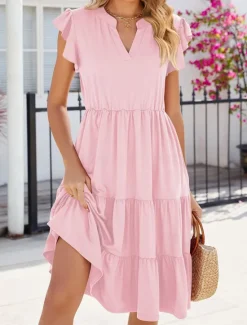 Outlet Women's Maxi Dress Cotton Dress Stylish Basic Casual Vacation Daily Regular Fit Plain Short Sleeve V Neck Pink Apricot Summer Women Casual Dress