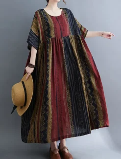Online Women's Maxi Dress Cotton Linen Dresses Casual Dress Basic Casual Vacation Daily Regular Fit Graphic Short Sleeve Crew Neck Dark Brown Burgundy Summer Women Dresses