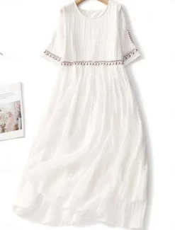 New Women's Maxi Dress Cotton Linen Dresses Casual Dress Swing Dress Cotton Maxi Dress Basic Casual Vacation Daily Regular Fit Floral Half Sleeve Crew Neck White Light Green Summer Women Dresses