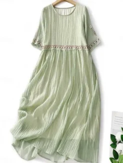 New Women's Maxi Dress Cotton Linen Dresses Casual Dress Swing Dress Cotton Maxi Dress Basic Casual Vacation Daily Regular Fit Floral Half Sleeve Crew Neck White Light Green Summer Women Dresses