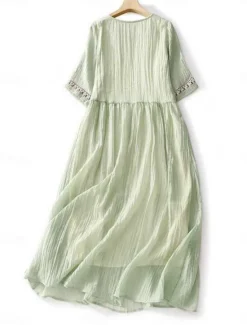 New Women's Maxi Dress Cotton Linen Dresses Casual Dress Swing Dress Cotton Maxi Dress Basic Casual Vacation Daily Regular Fit Floral Half Sleeve Crew Neck White Light Green Summer Women Dresses