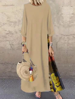 Hot Women's Maxi Dress Cotton Linen Dresses Casual Dress Vintage Stylish Ethnic Vacation Daily Loose Fit Floral 3/4 Length Sleeve Crew Neck Yellow Wine Khaki Army Green Spring Fall Women Dresses