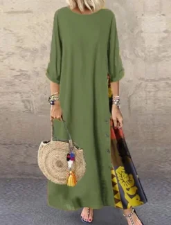 Hot Women's Maxi Dress Cotton Linen Dresses Casual Dress Vintage Stylish Ethnic Vacation Daily Loose Fit Floral 3/4 Length Sleeve Crew Neck Yellow Wine Khaki Army Green Spring Fall Women Dresses