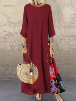 Hot Women's Maxi Dress Cotton Linen Dresses Casual Dress Vintage Stylish Ethnic Vacation Daily Loose Fit Floral 3/4 Length Sleeve Crew Neck Yellow Wine Khaki Army Green Spring Fall Women Dresses