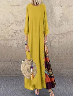 Hot Women's Maxi Dress Cotton Linen Dresses Casual Dress Vintage Stylish Ethnic Vacation Daily Loose Fit Floral 3/4 Length Sleeve Crew Neck Yellow Wine Khaki Army Green Spring Fall Women Dresses